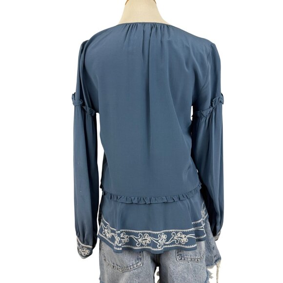 Parker Top Women's Extra Small Embroidered Silk Blouse Long Ruffle Sleeve‎ Blue - Picture 4 of 13